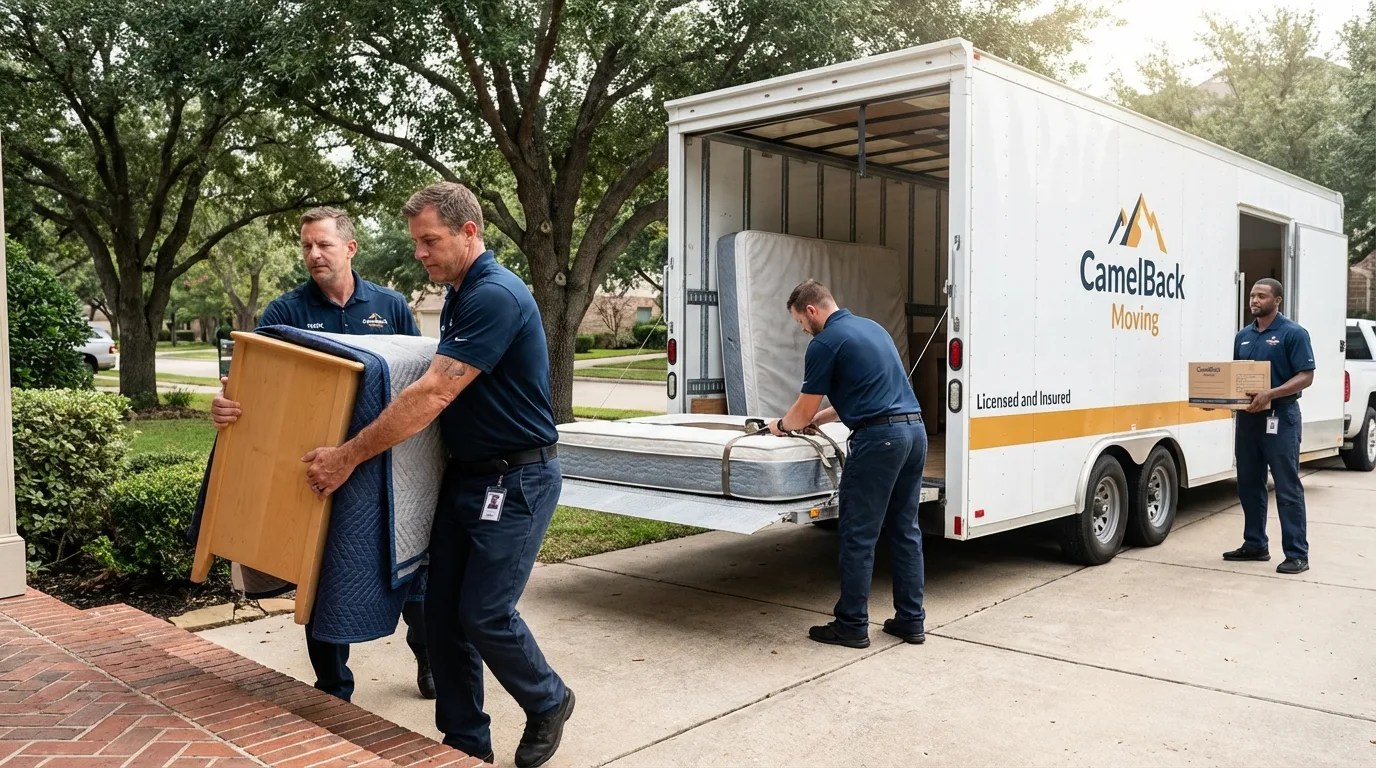 Crew loading residential truck for cross-state move from Oroville, CA