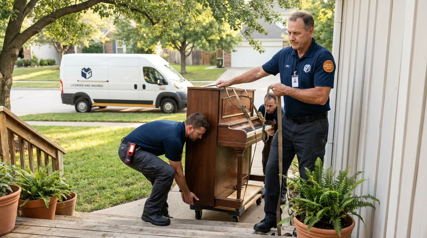 Licensed piano movers securing grand piano in Oroville, CA