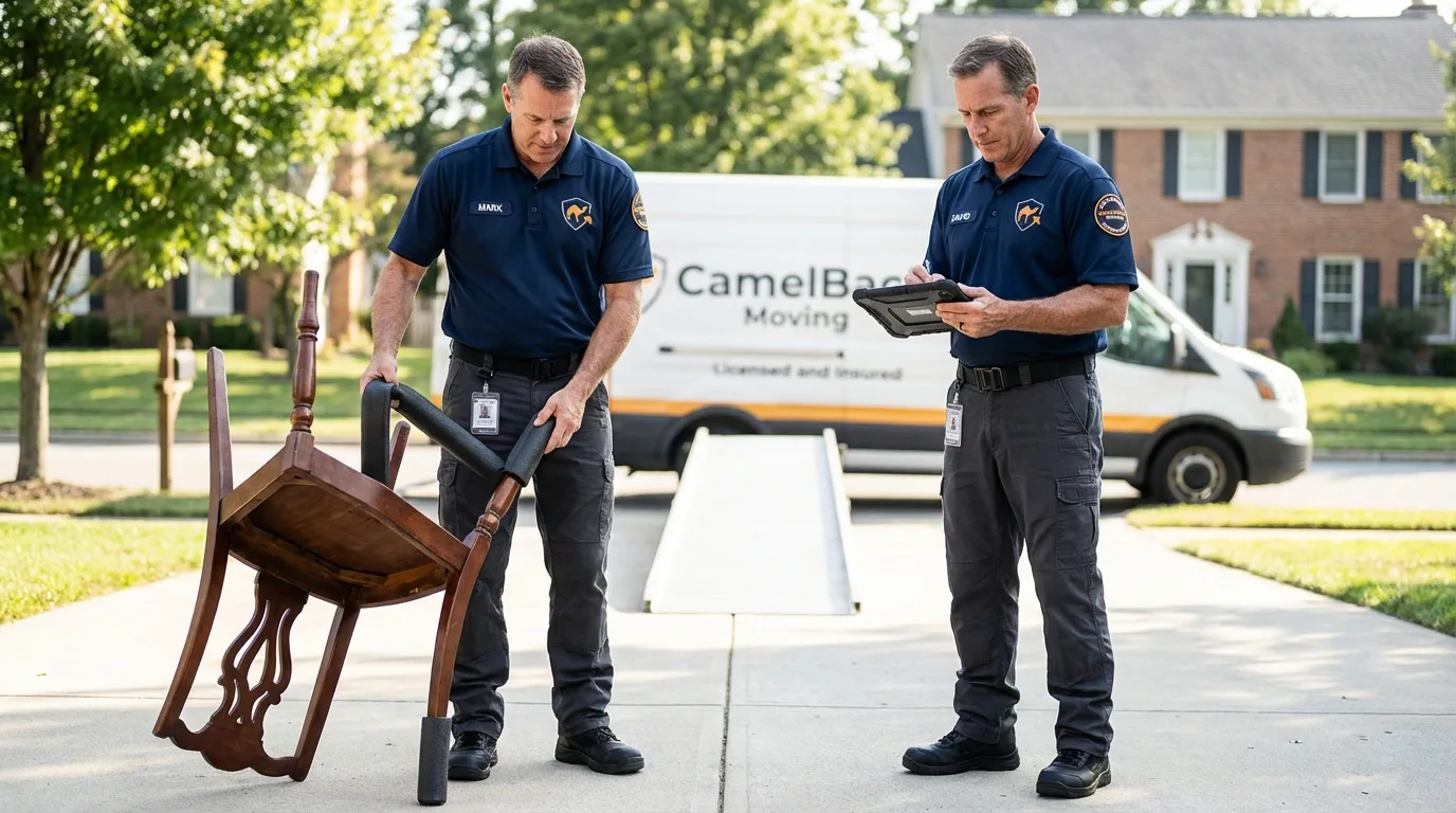 Movers inspecting furniture for damage prevention before loading in Oroville, CA